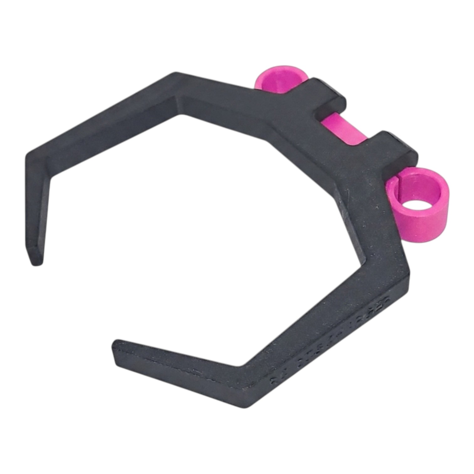 Black plastic hexagonal clamp bracket with pink mounting rings, isolated on white background