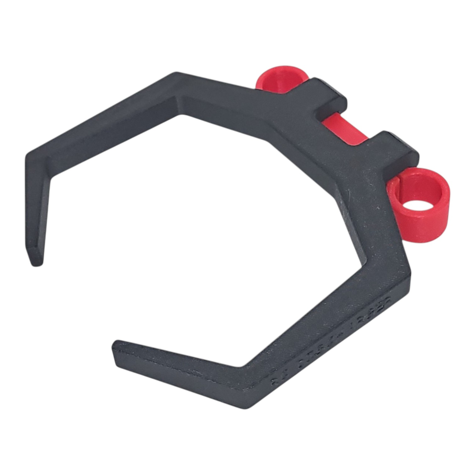 Black and red plastic hexagon clamp bracket with mounting ring, isolated on white background