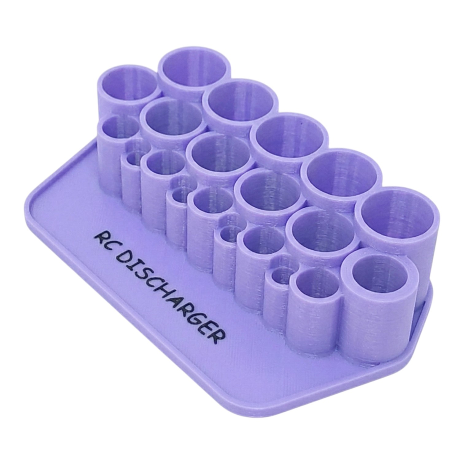 Purple RC discharger battery holder tray with multiple cylindrical slots, labeled “RC DISCHARGER”