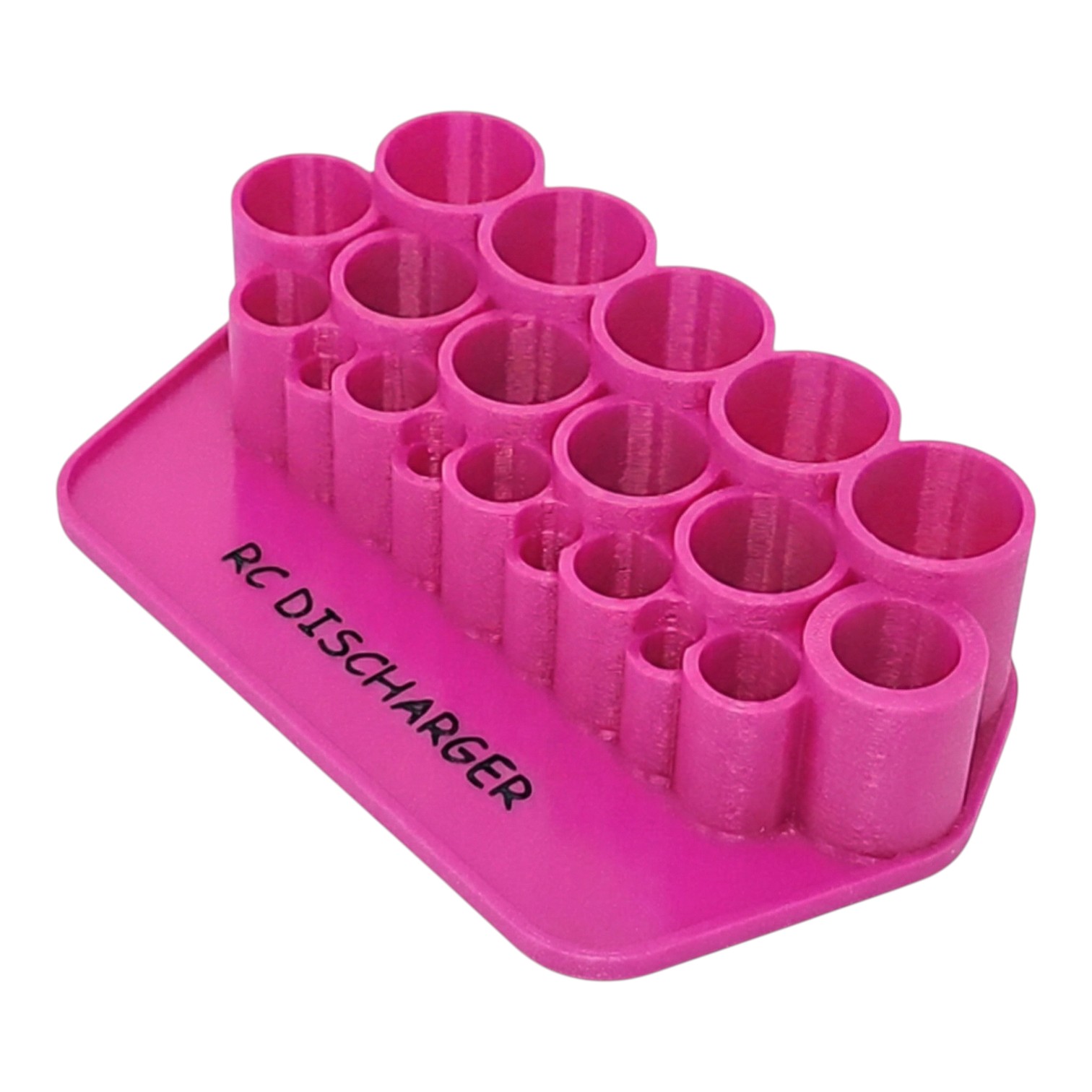 Pink plastic RC discharger battery holder with multiple cylindrical slots, labeled "RC DISCHARGER