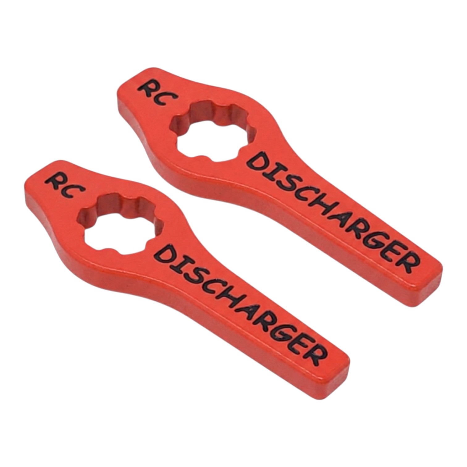 Pair of red RC battery discharger tools with circular cutouts and “RC DISCHARGER” text on white background