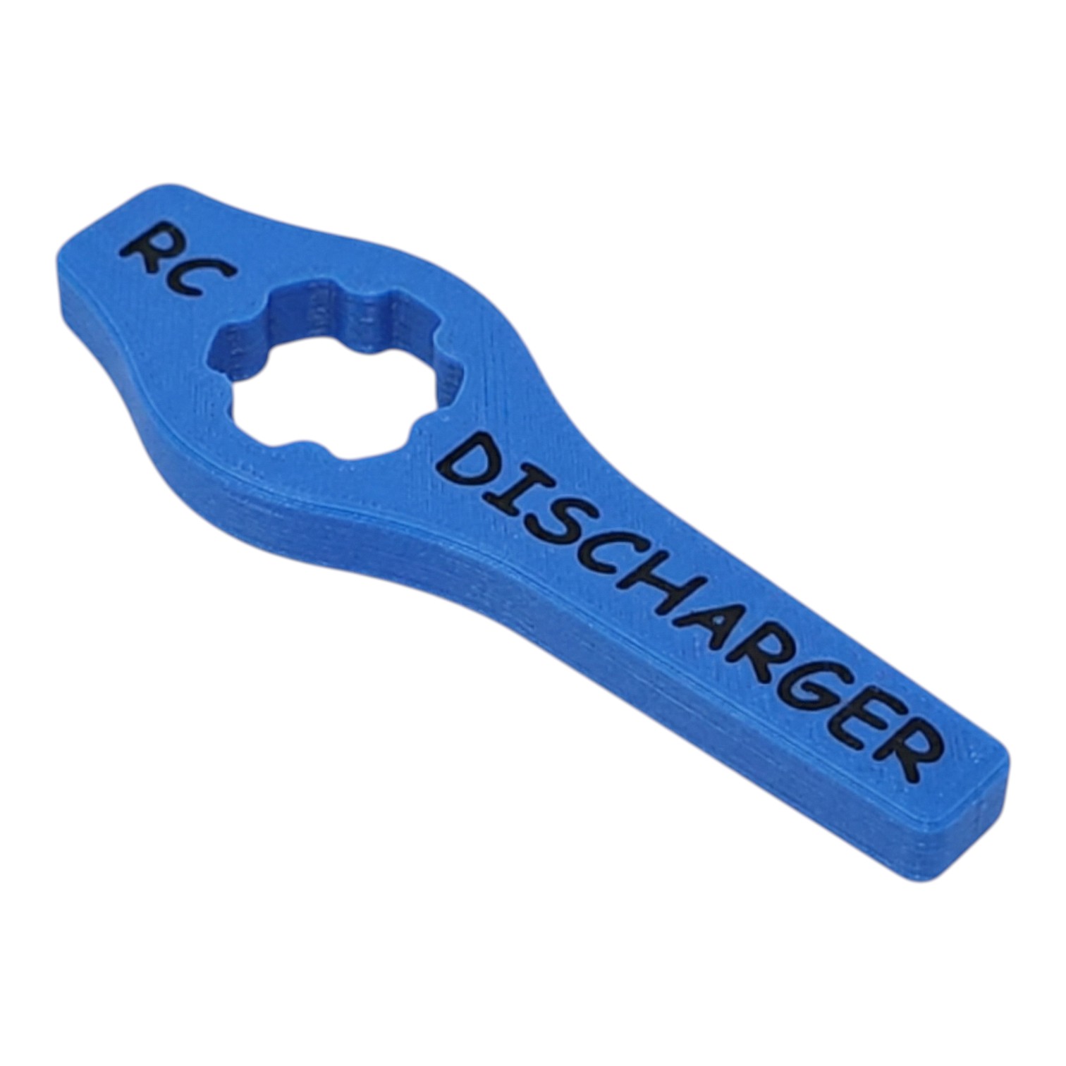 Blue 3D-printed RC discharger tool with hex cutout and “RC DISCHARGER” text on white background