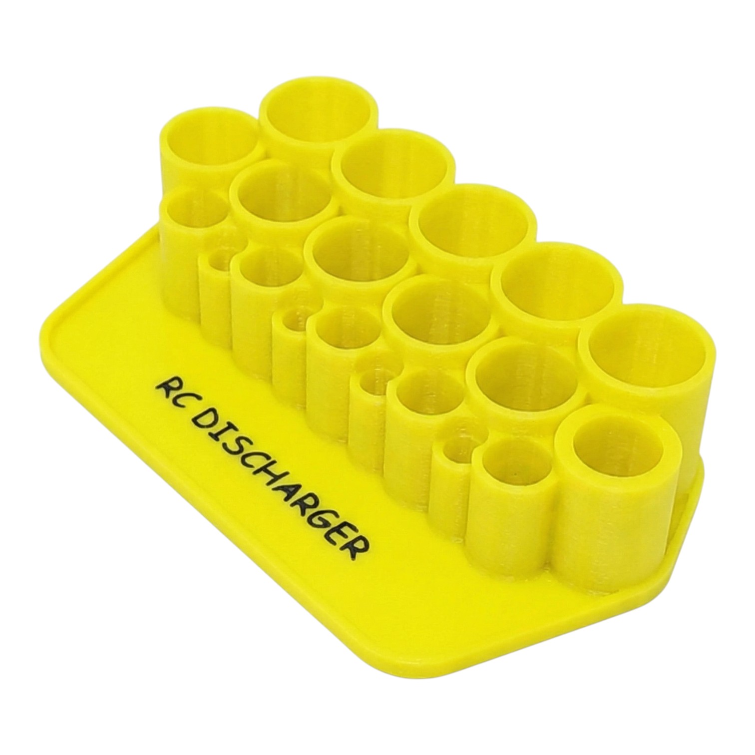 Yellow RC discharger battery connector holder with multiple cylindrical slots, labeled "RC DISCHARGER
