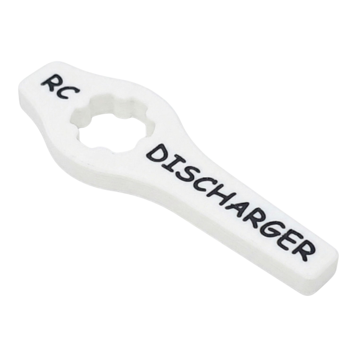White plastic RC discharger tool with center hole and “RC DISCHARGER” text on a white background