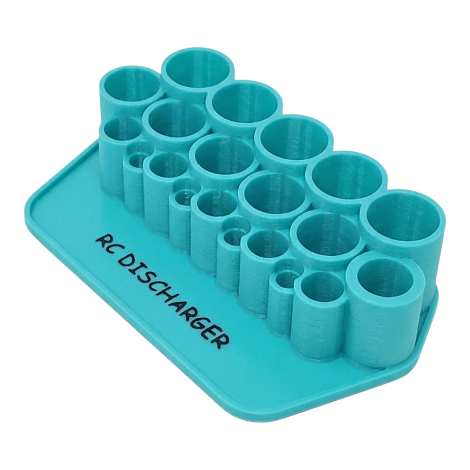 Turquoise RC discharger stand with multiple cylindrical slots for different size connectors and wires