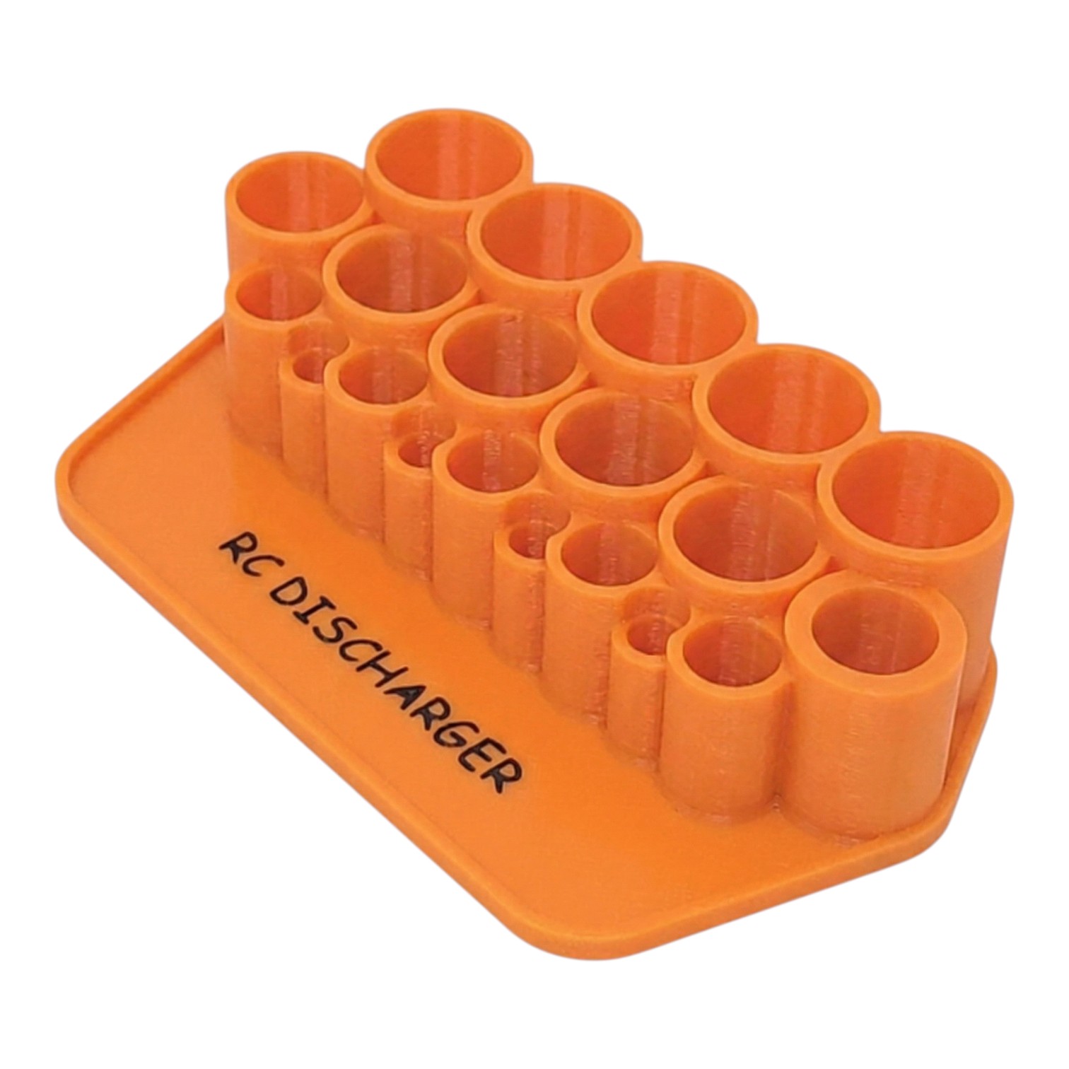 Orange RC discharger connector holder with multiple cylindrical slots for battery plugs, labeled “RC DISCHARGER”