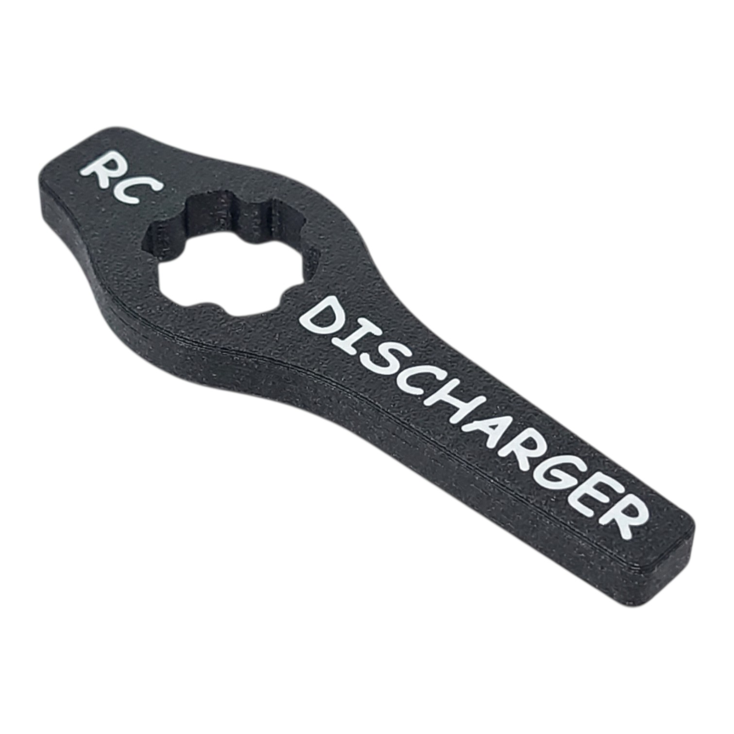 Black RC discharger tool with star-shaped center hole and white “RC DISCHARGER” text on handle
