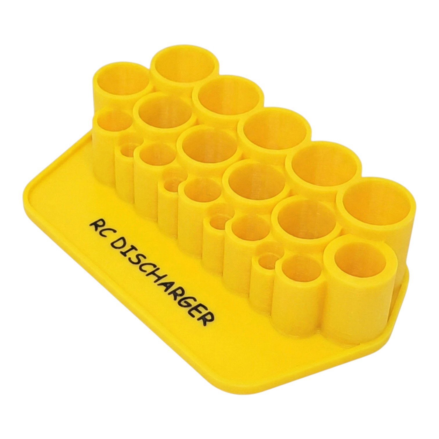 Yellow RC discharger battery connector holder with multiple cylindrical slots on a plastic base labeled "RC DISCHARGER