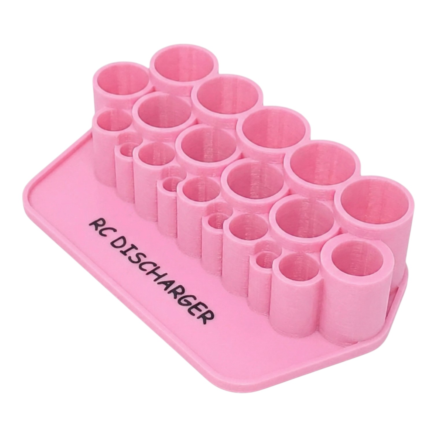 Pink RC discharger battery holder tray with multiple cylindrical slots for RC car battery packs