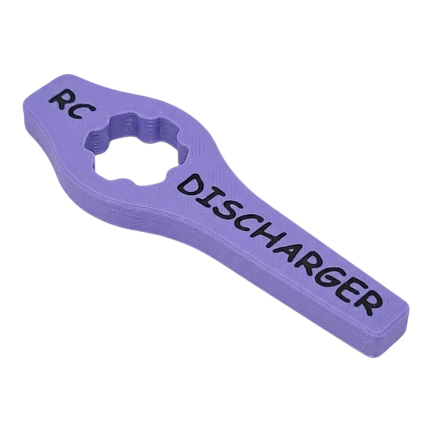 Purple 3D-printed RC discharger tool with hex cutout and “RC DISCHARGER” text on white background