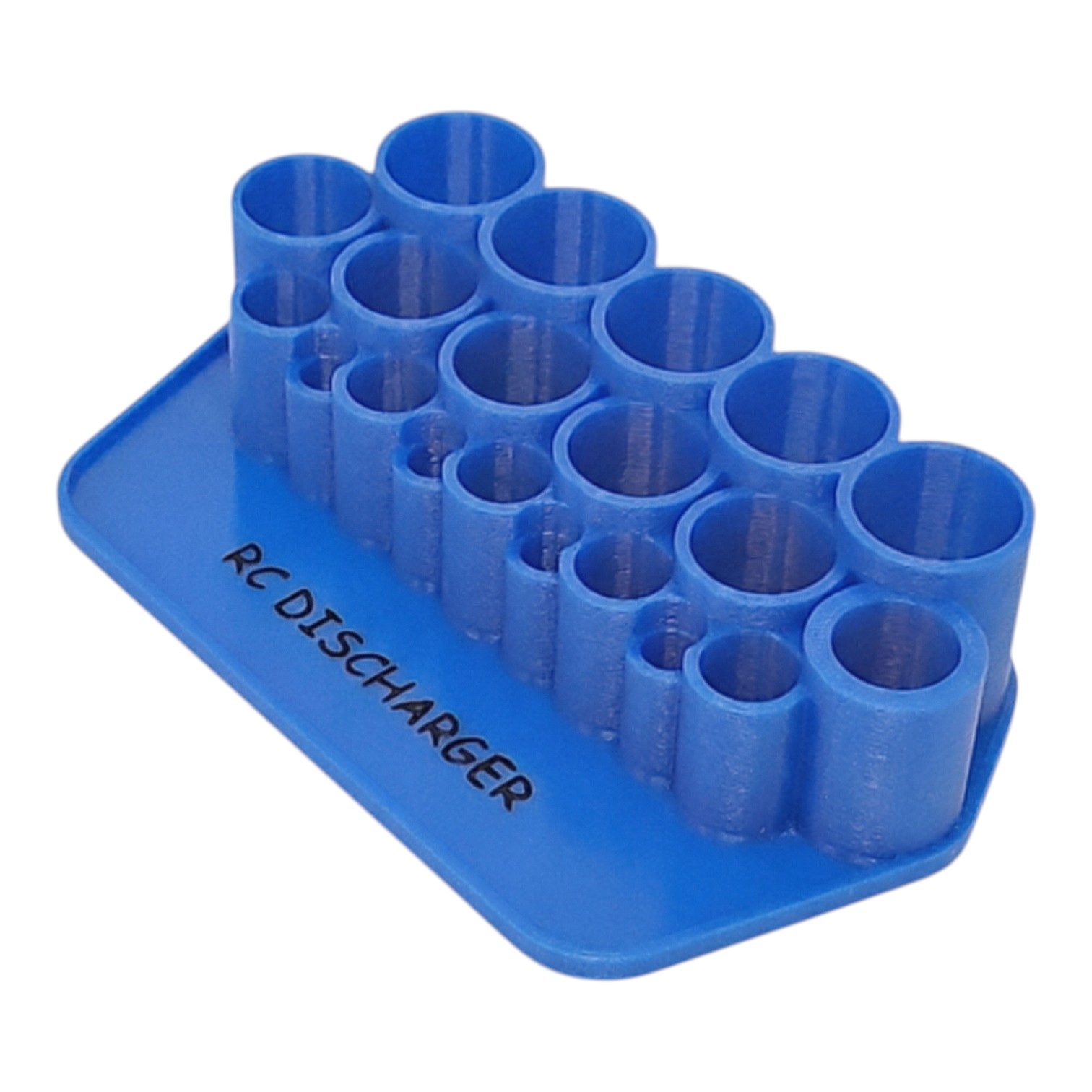 Blue RC discharger stand with multiple cylindrical slots for holding RC battery connectors and wires