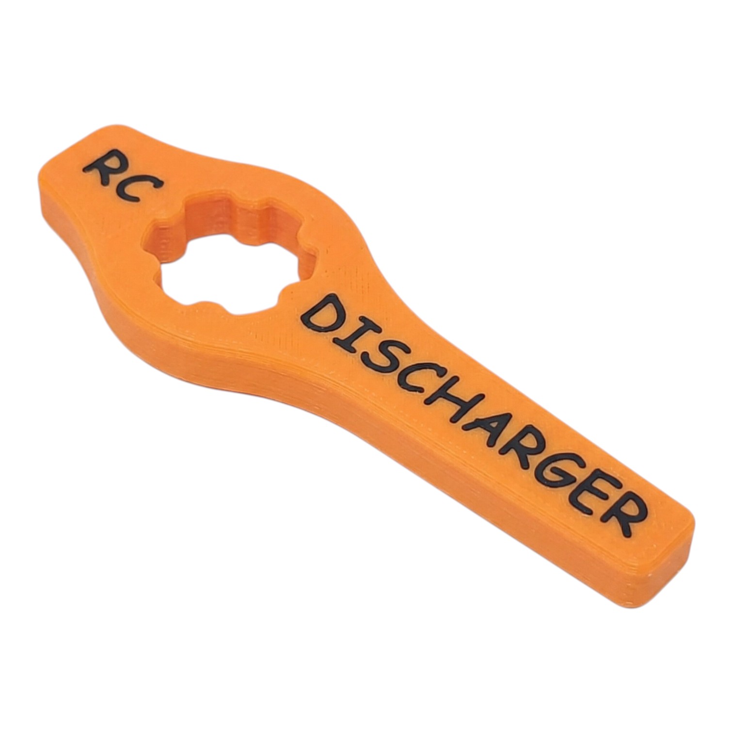 Orange RC discharger tool with hex cutout and “RC DISCHARGER” text on white background