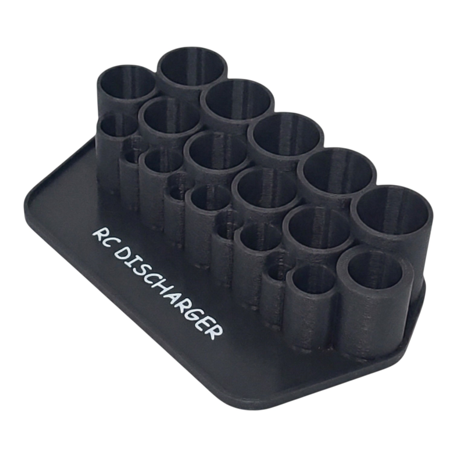 Black RC discharger stand with multiple cylindrical slots for RC battery connectors and leads