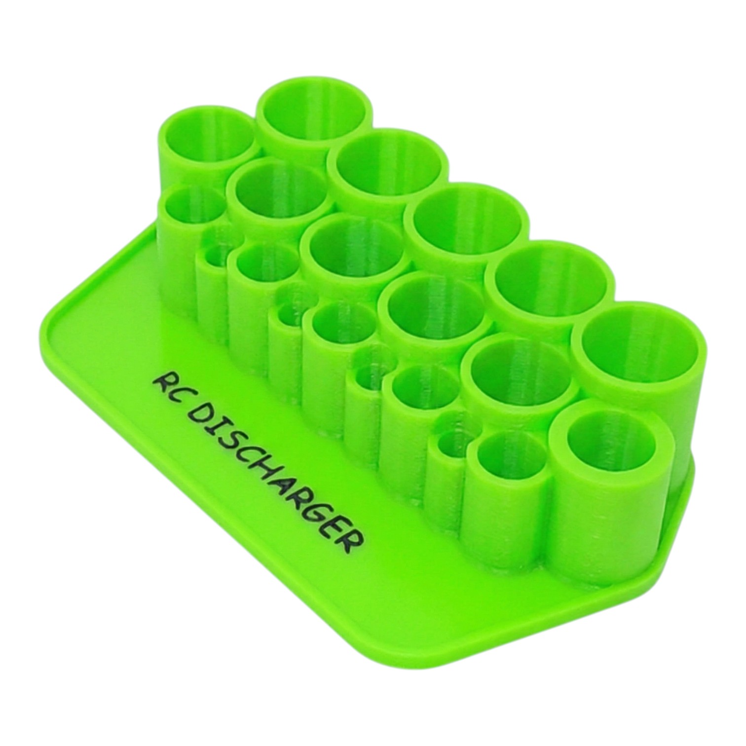 Green 3D-printed RC discharger stand with multiple cylindrical slots for battery connectors on a white background