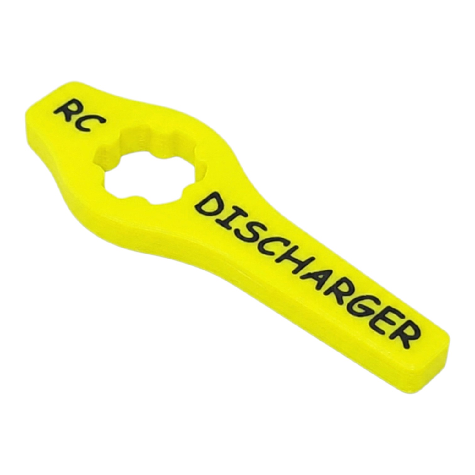 Yellow RC discharger tool with hex opening and “RC DISCHARGER” text on white background