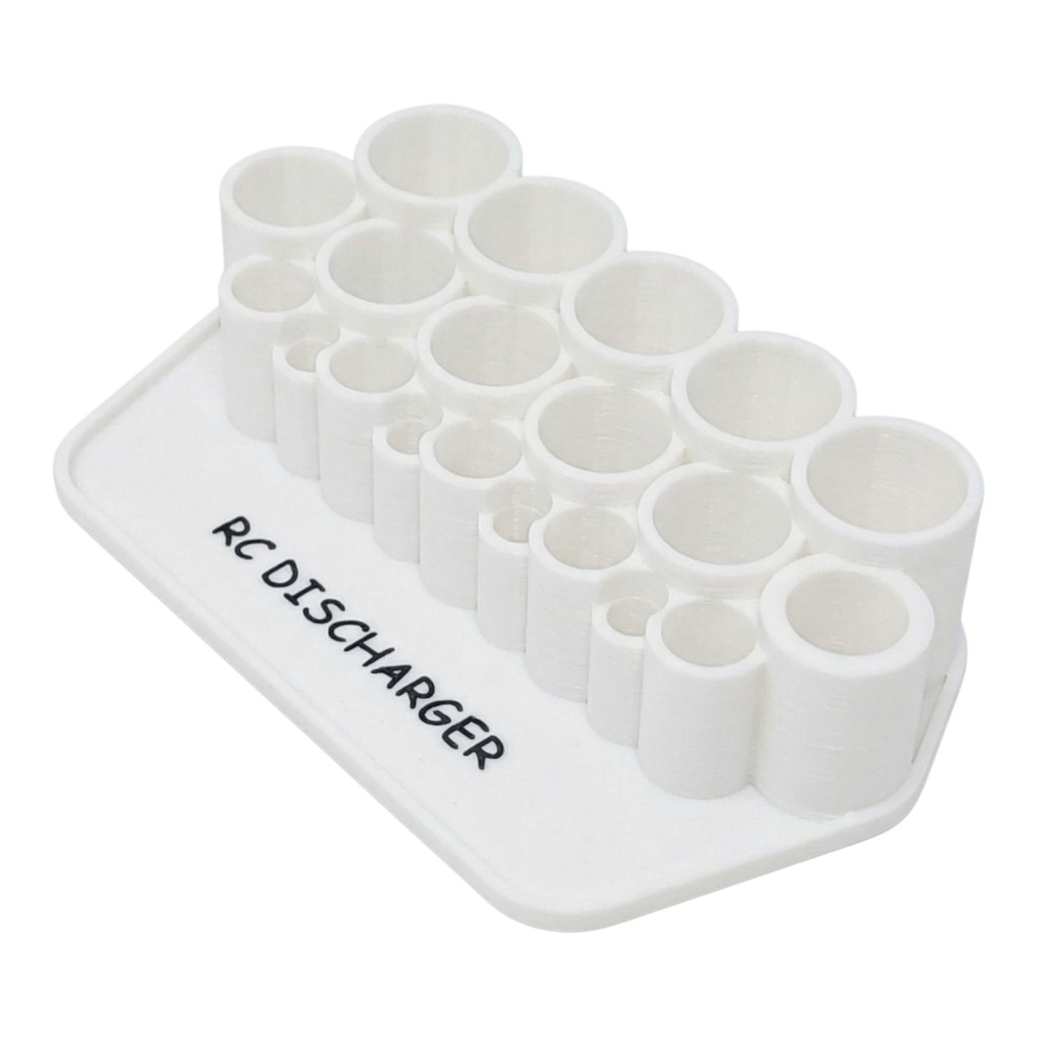 White 3D-printed RC discharger stand with multiple cylindrical slots for battery connectors on a flat base