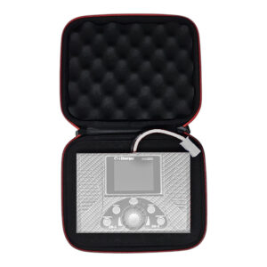 Open padded hard case with foam lining holding iCharger 458DUO battery charger and white connector cable