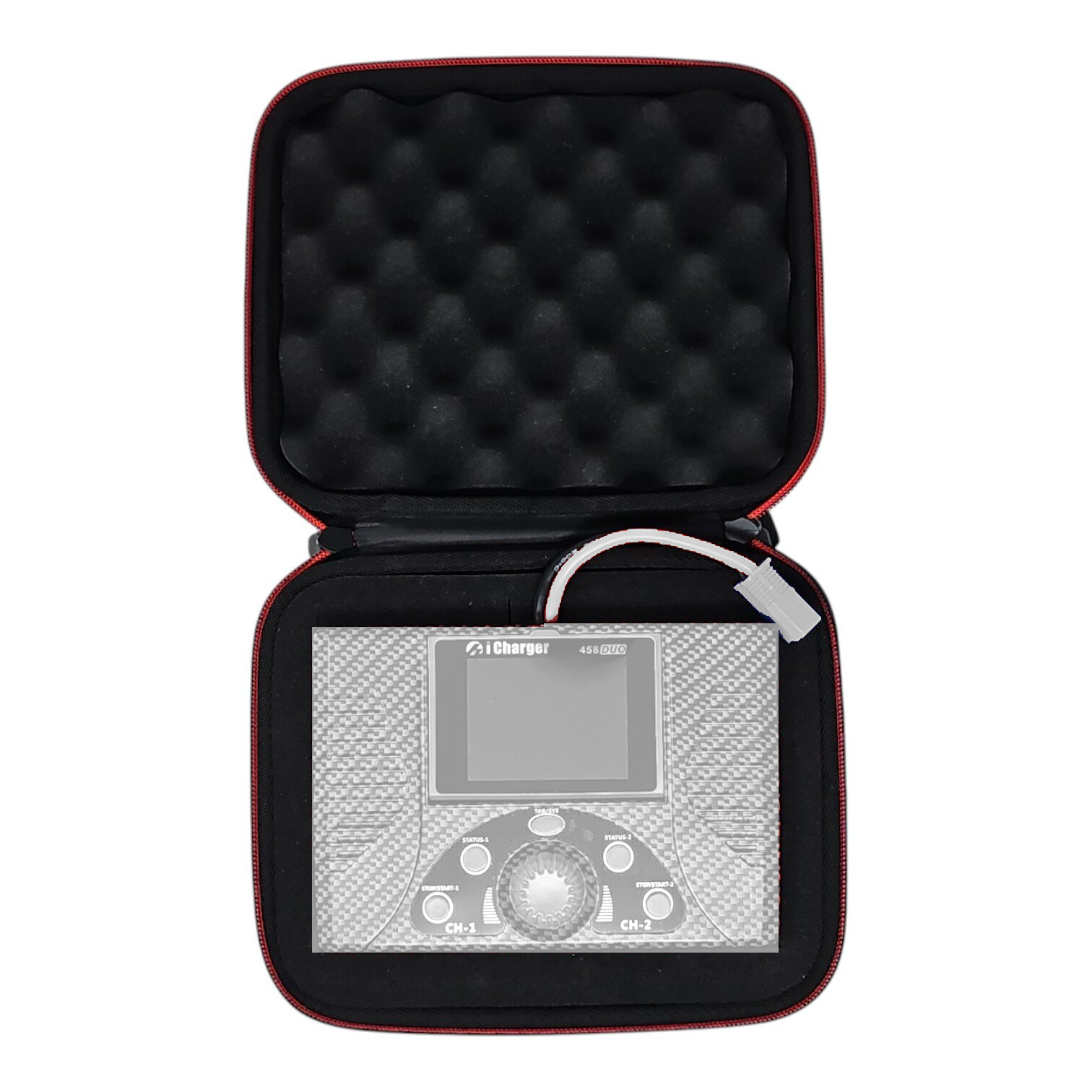 Open padded hard case with foam lining holding iCharger 458DUO battery charger and white connector cable