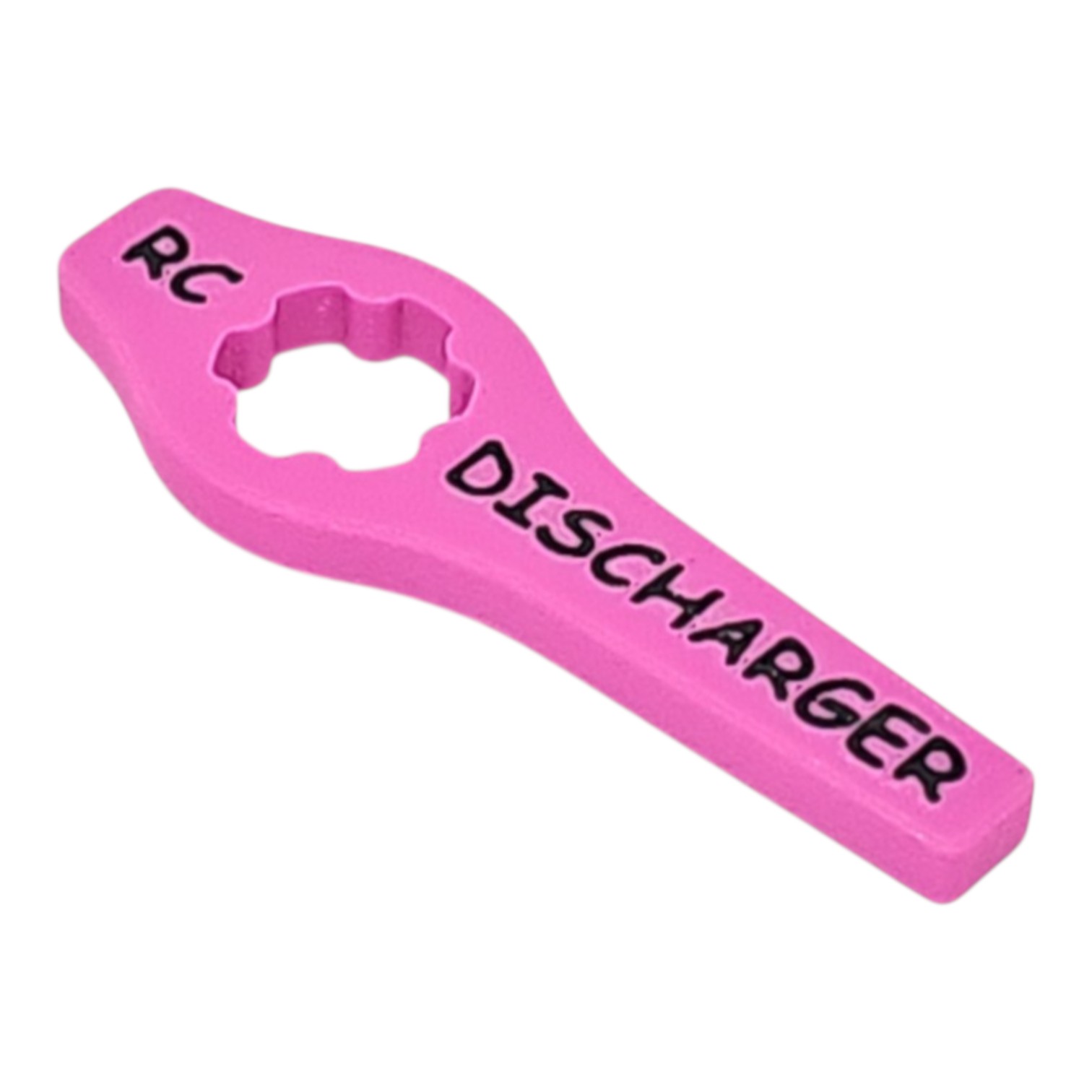 Pink RC discharger tool with center cutout and “RC DISCHARGER” text on white background
