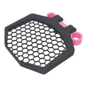 Black hexagonal honeycomb mesh guard with pink mounting rings, protective grill accessory on white background
