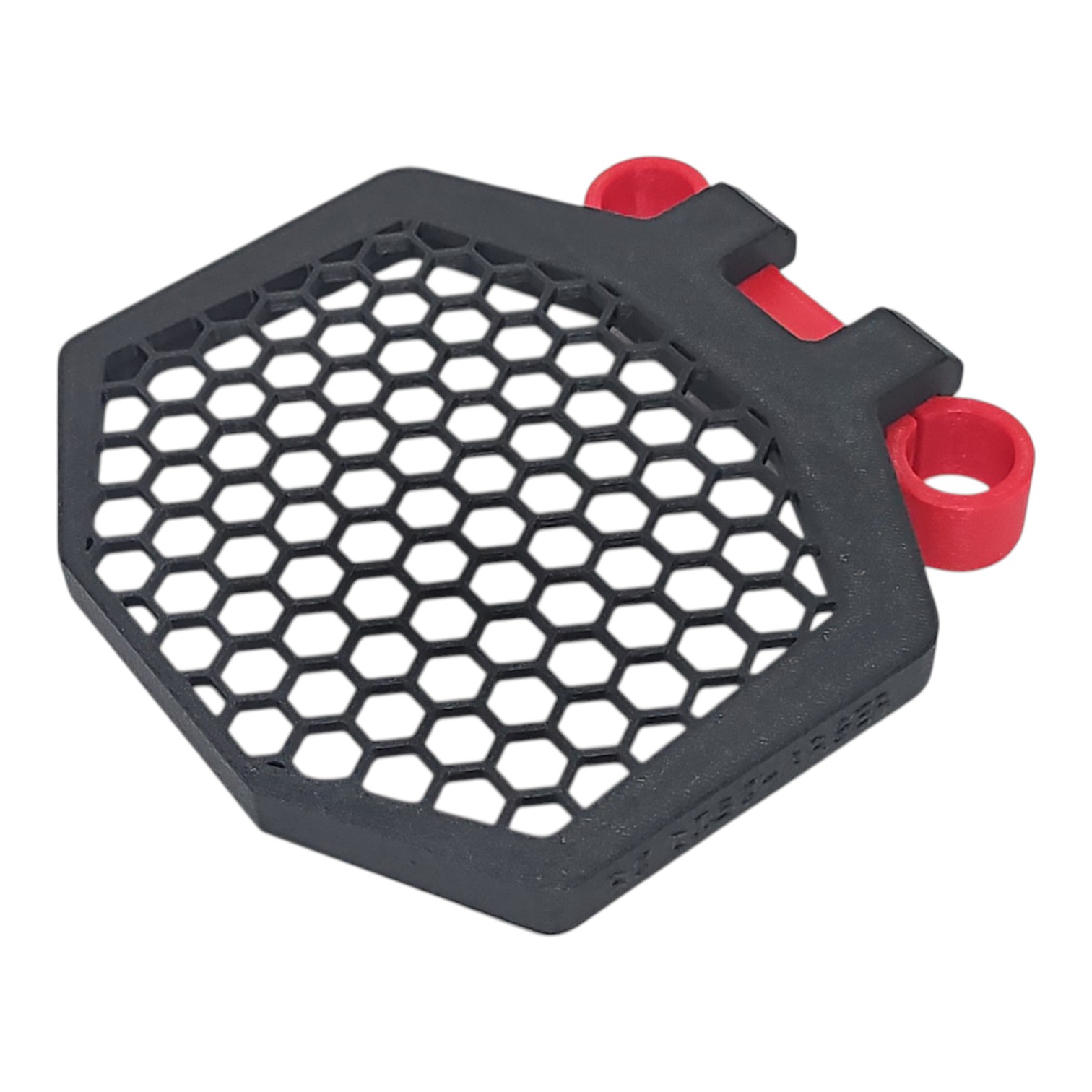 Black hexagonal honeycomb grille cover with red mounting tabs, protective vent guard on white background