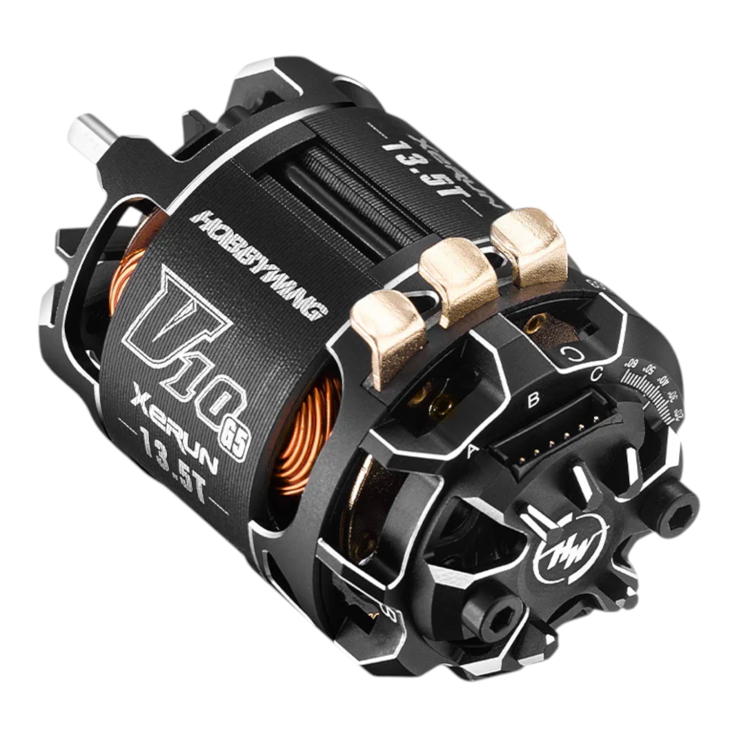 Hobbywing Xerun V10 G3 13.5T brushless RC motor with solder tabs and black aluminum housing on white background