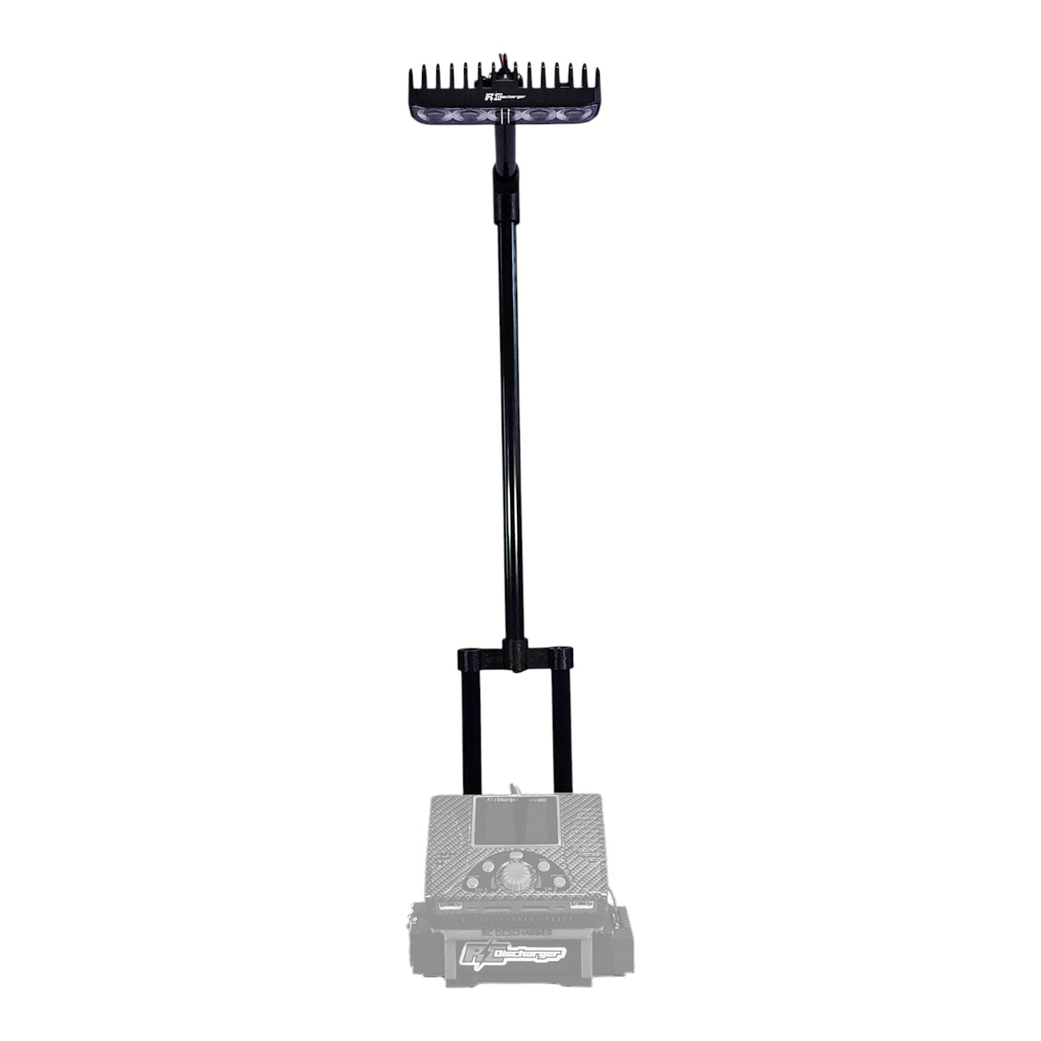 RC car battery discharger stand with LED light bar mounted on a black pole above a charger base