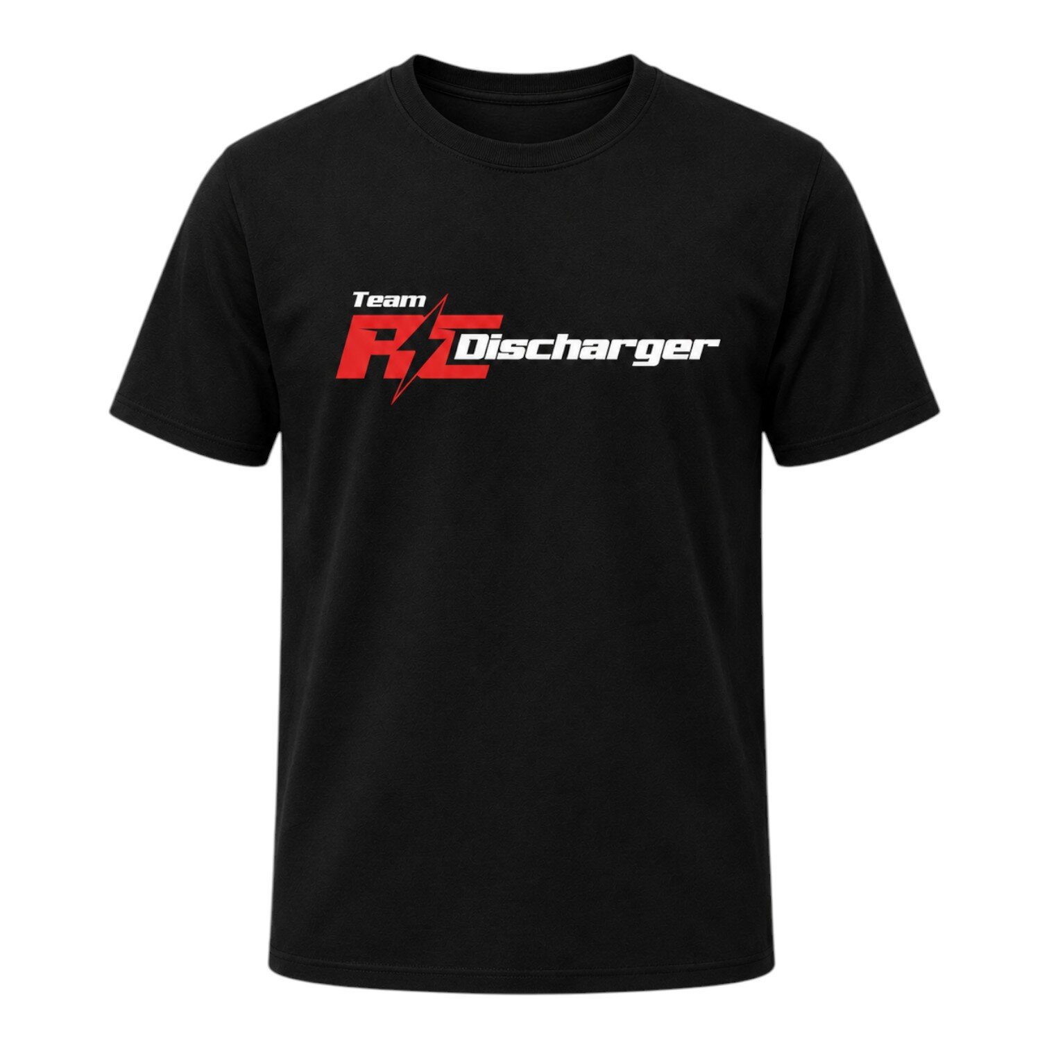 Black crew neck T-shirt with red and white "Team RC Discharger" logo and lightning bolt graphic on chest
