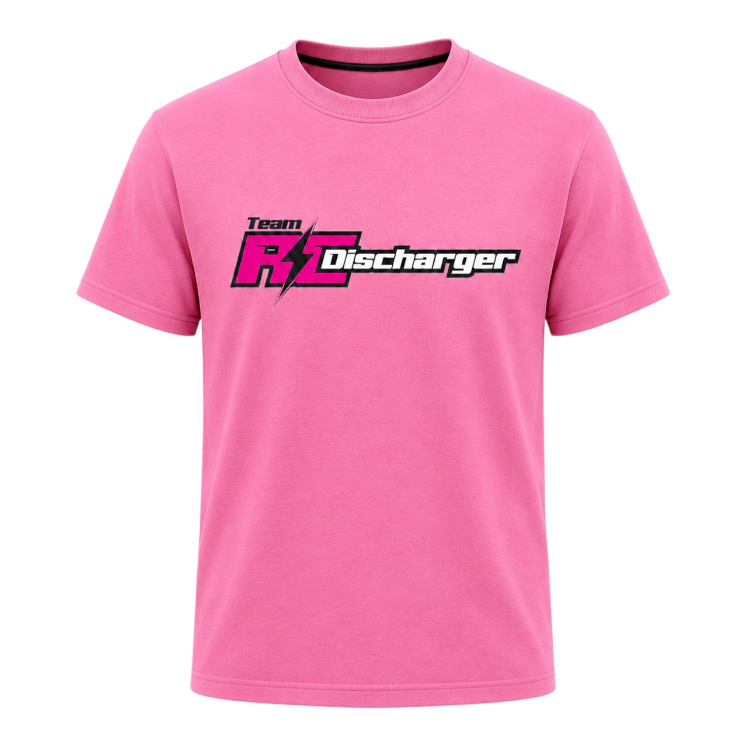 Pink crew neck T-shirt with Team RC Discharger logo and lightning bolt graphic on front chest