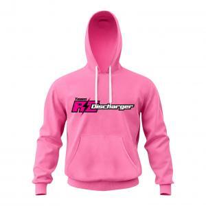 Pink pullover hoodie with white drawstrings and front pocket, featuring Team R Discharger logo on chest