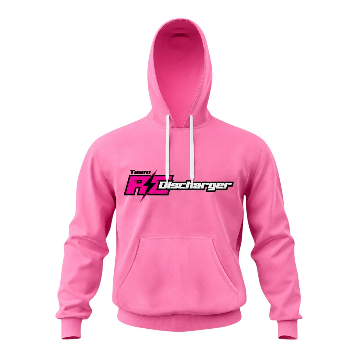 Pink pullover hoodie with white drawstrings and front pocket, featuring Team R Discharger logo on chest