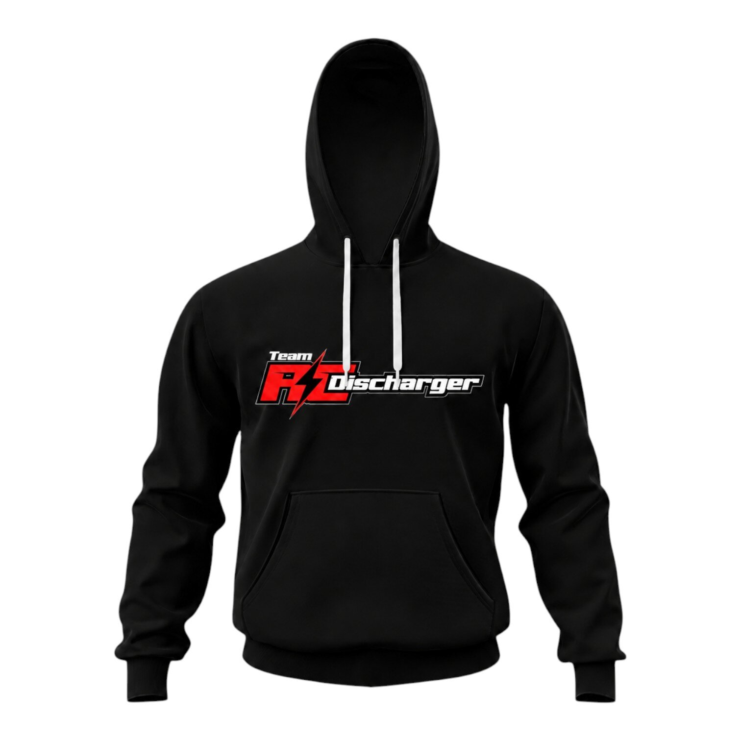 Black pullover hoodie with white drawstrings and Team R DisCharger logo on the chest