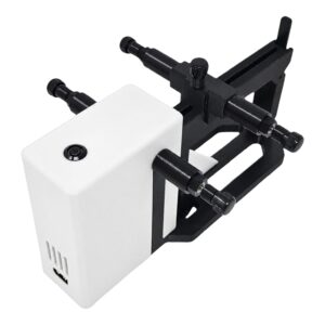 Adjustable black metal mounting bracket with white electronics module and knobs on a white background