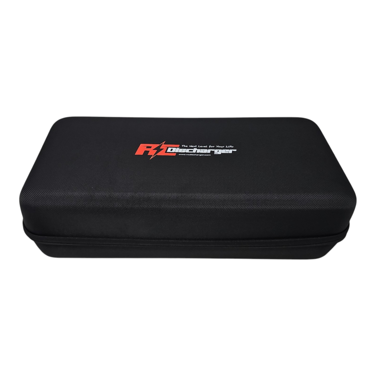 Black hard-shell carrying case with RC Discharger logo for LiPo battery charger accessories