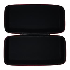 Open black hard shell carrying case with red zipper trim, empty interior shown on white background
