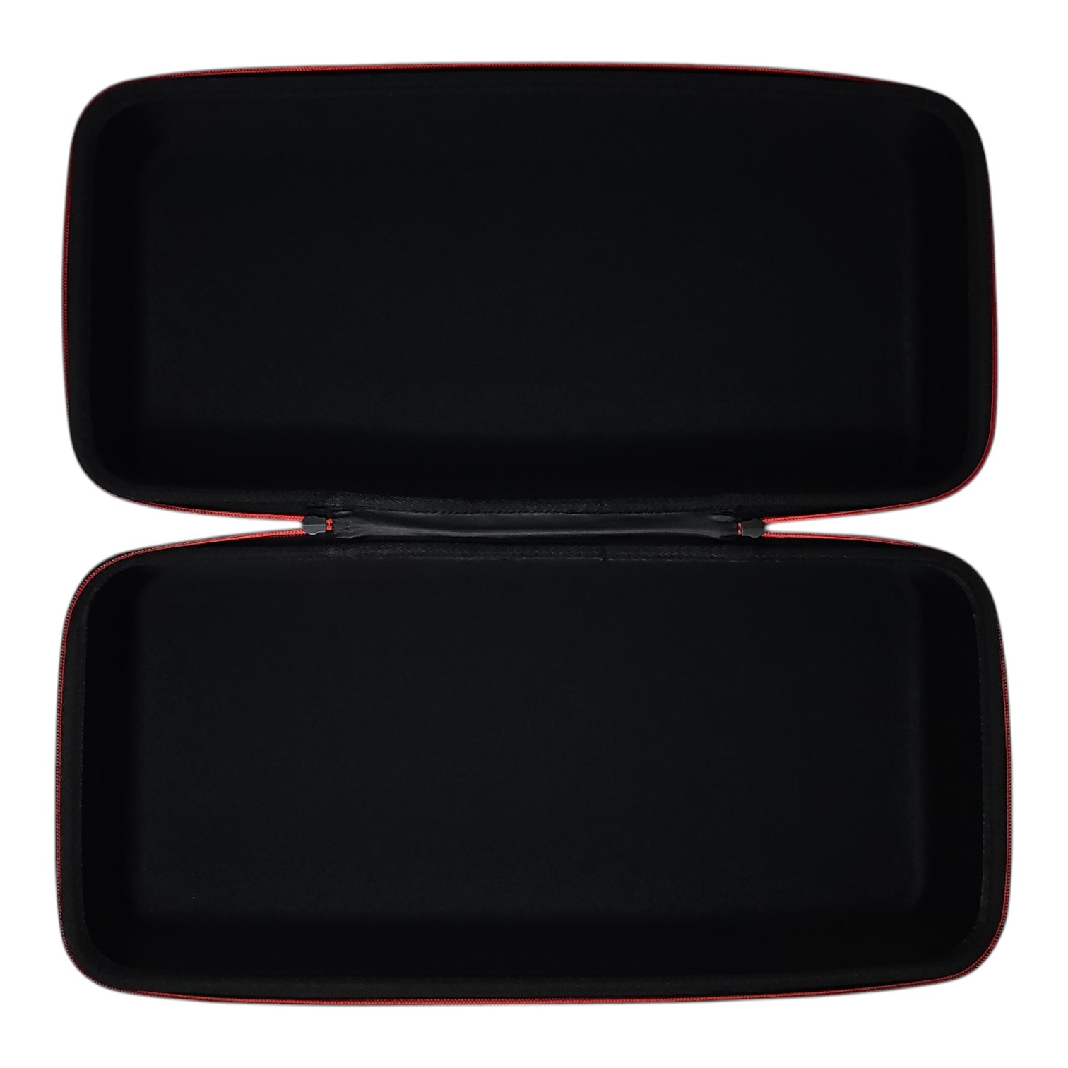 Open black hard shell carrying case with red zipper trim, empty interior shown on white background