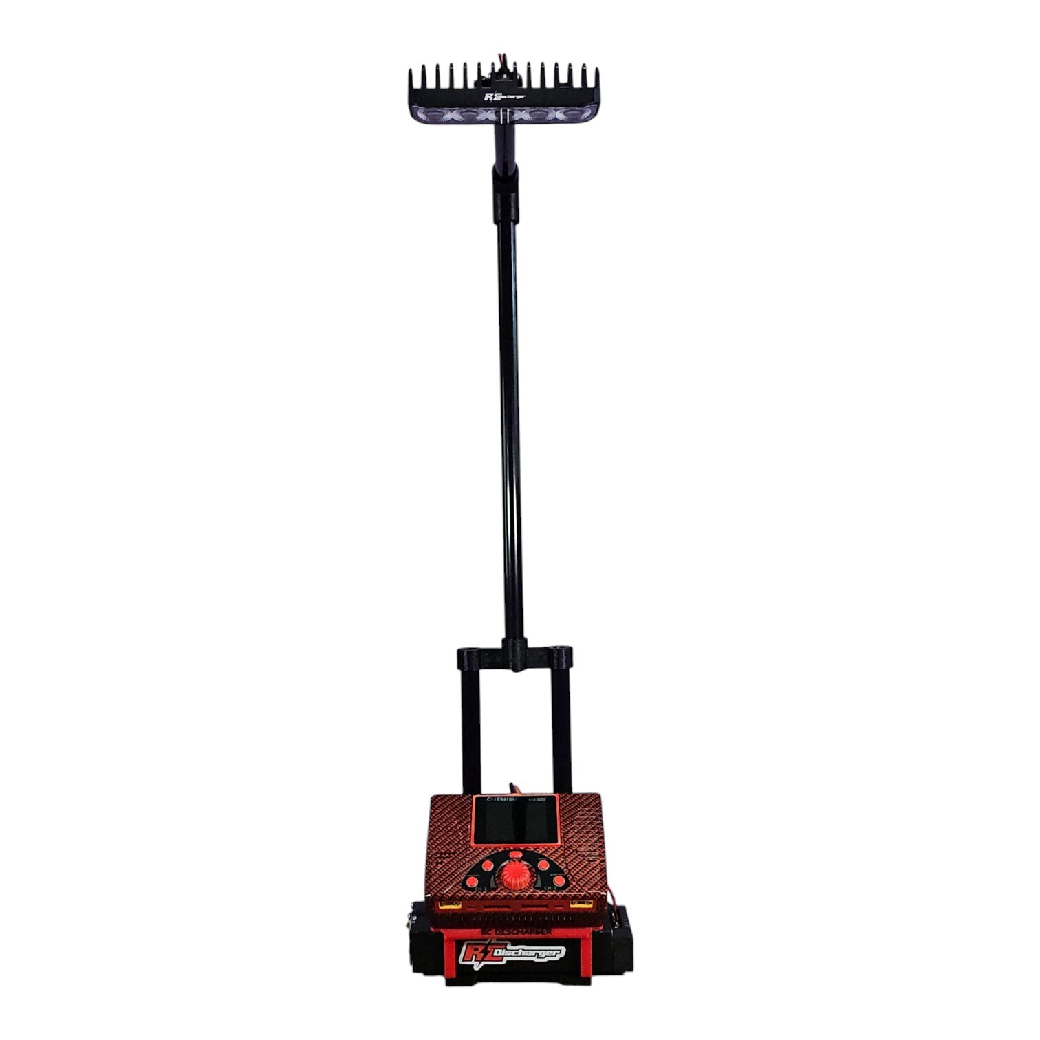 RC car battery discharger and charger station with long stand and LED light bar, red control unit on base