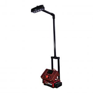 Portable LED work light on adjustable stand with red control box and display panel isolated on white background