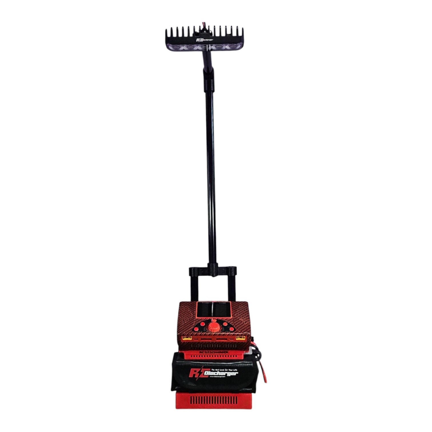 Red and black RC Discharger battery discharger with tall handle and LED light bar, front view on white background