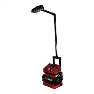 Portable automotive diagnostic machine with LED inspection light and control panel on wheeled base isolated on white