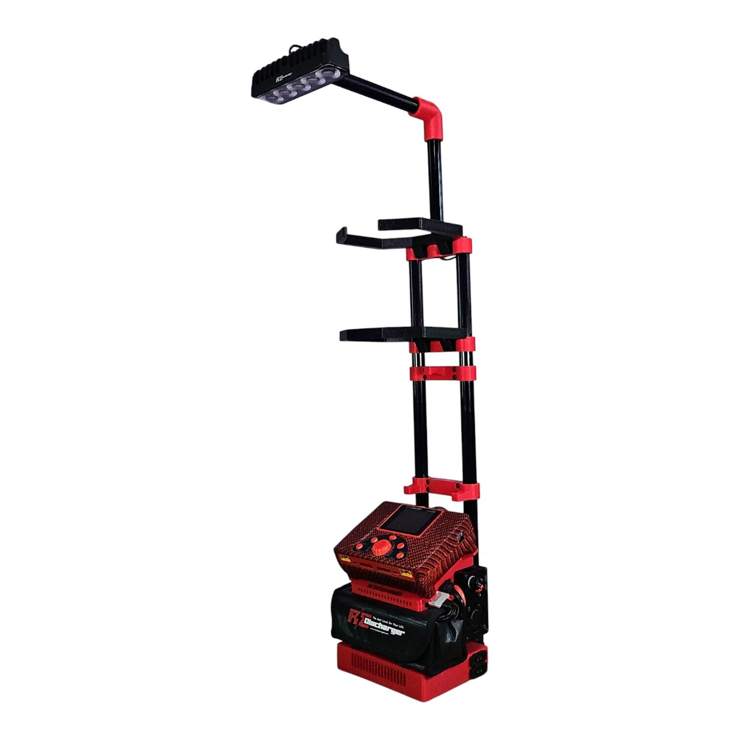 Portable red and black automotive diagnostic smoke machine with LED inspection light on adjustable stand