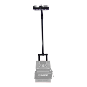 RC battery discharger on tall stand with cooling fan bar and digital charger unit, front view on white background