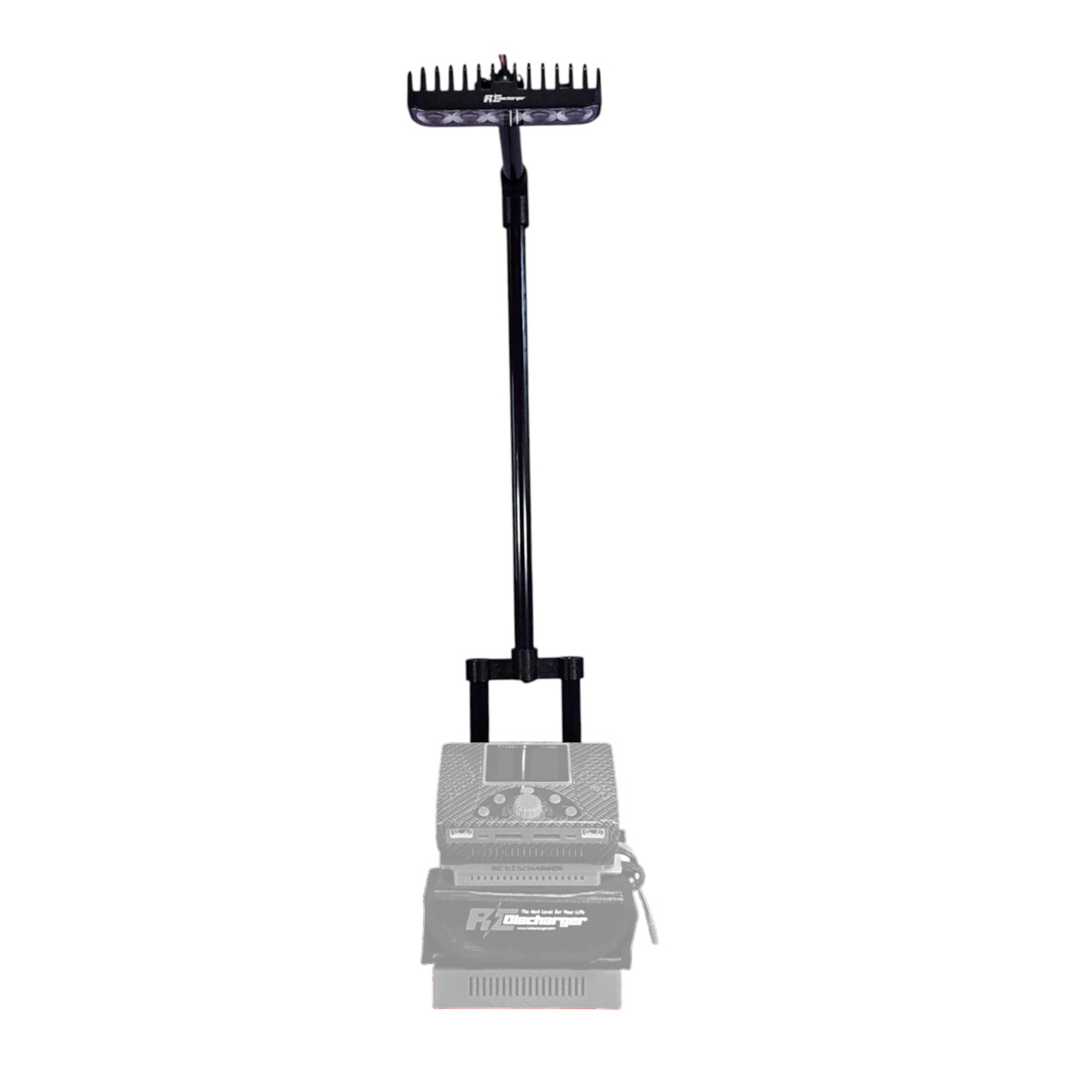 RC battery discharger on tall stand with cooling fan bar and digital charger unit, front view on white background