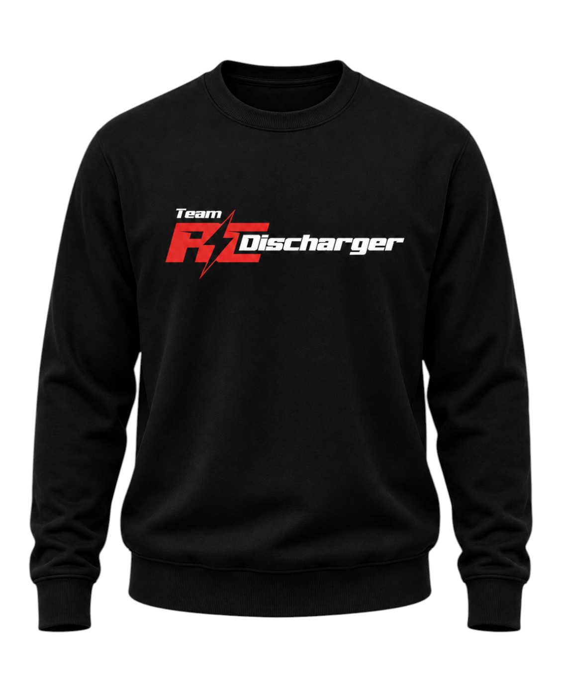 Black crewneck sweatshirt with red and white "Team RC Discharger" logo on the chest