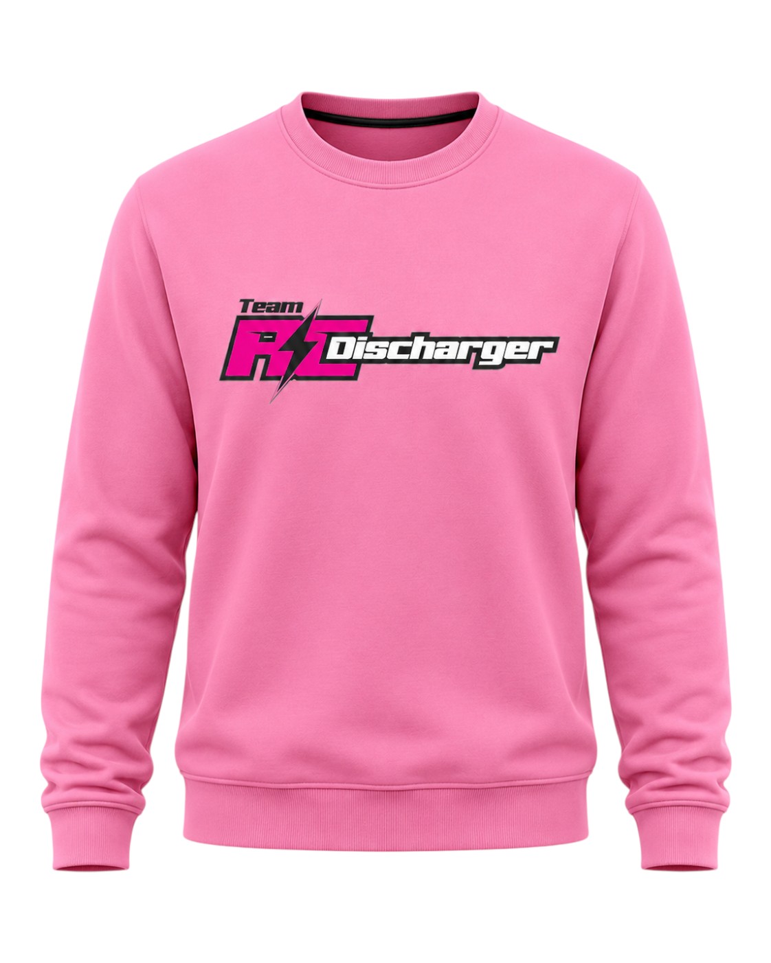 Pink crewneck sweatshirt with Team RC Discharger logo and lightning bolt graphic on front