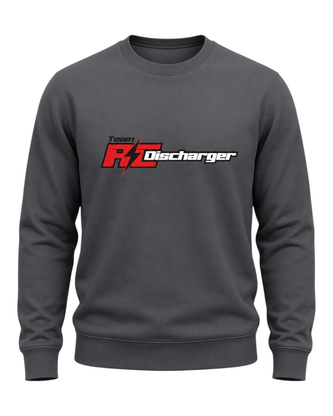 Charcoal gray crewneck sweatshirt with Team RC Discharger logo and red lightning bolt graphic on chest