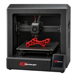 Enclosed FDM 3D printer printing a red lattice part on the build plate with touchscreen control panel