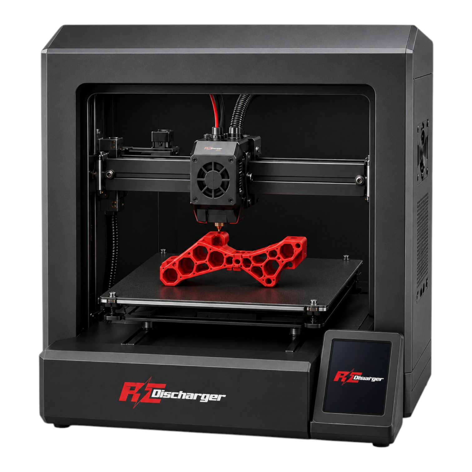 Enclosed FDM 3D printer printing a red lattice part on the build plate with touchscreen control panel