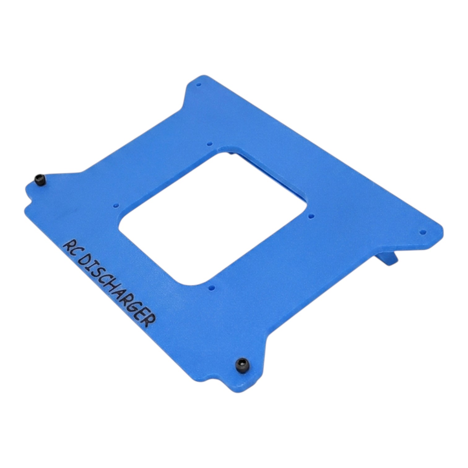 Blue RCDischarger aluminum mounting plate with center cutout and screw holes for RC battery discharger setup