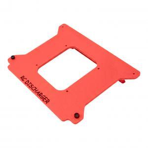 Red anodized aluminum RCDischarger mounting plate with rectangular cutout and screw holes on white background
